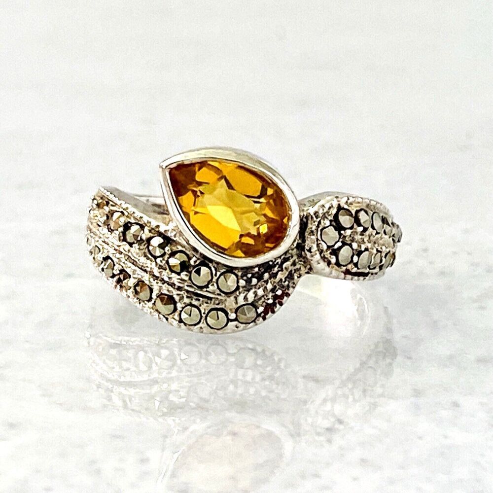 Citrine Marcasite Sterling Silver Ring Swirl Wave Sz 5.25 Vintage Pear Teardrop